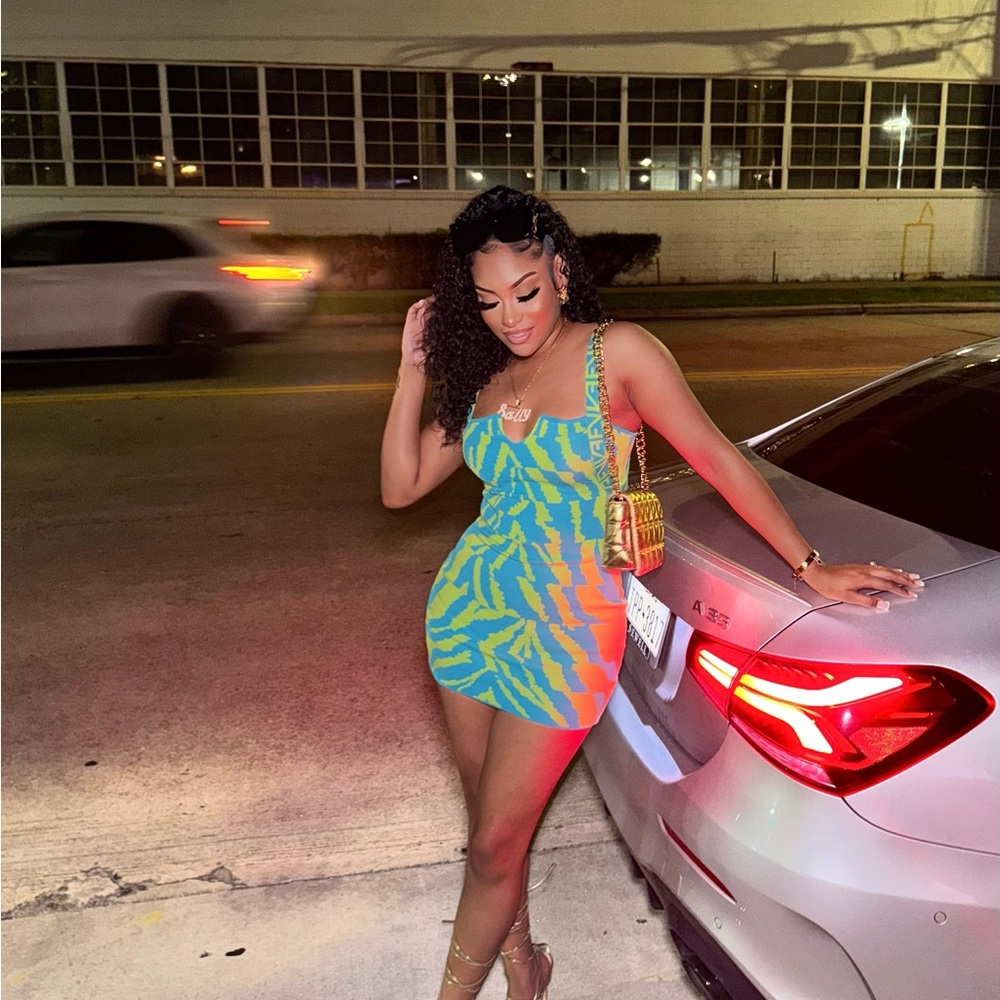 Fashion Nova Vibrant Blue and Green Patterned Dress